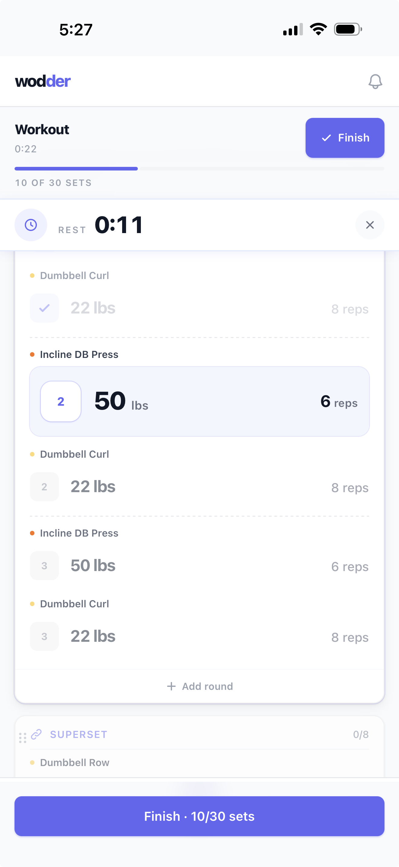 Wodder live session mid-workout — a superset of Incline DB Press at fifty pounds for six reps and Dumbbell Curl at twenty-two pounds for eight reps, ten of thirty sets complete, eleven-second rest timer running.
